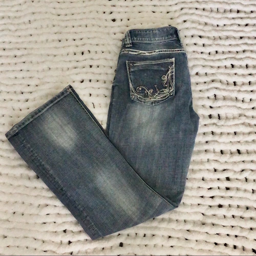 Mid rise rock & roll jeans with bedazzled pockets